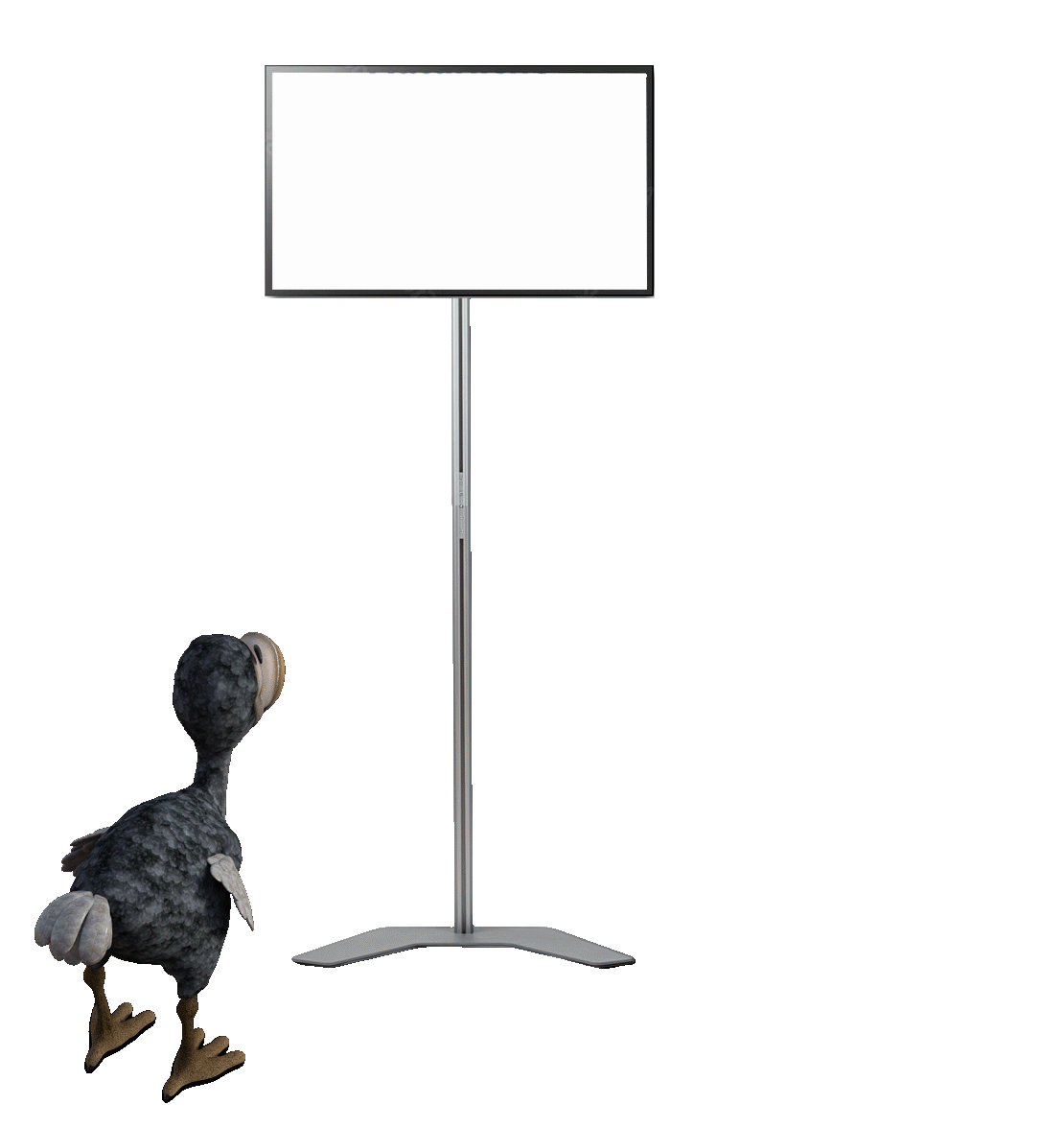 Dodo vor Monitorhalterung mit Bildschirm, auf dem eine Präsentation über Charles Darwin und Natürliche Selektion läuft