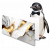 Pinguin mit Anzug und Fliege steht hinter einer edlen Einladung mit partiell aufgebrachter Goldfolie