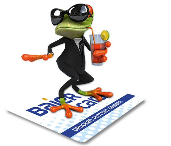 Comic-Frosch mit Sonnenbrille surft auf der Baier Card mit einem Cocktail in der Hand