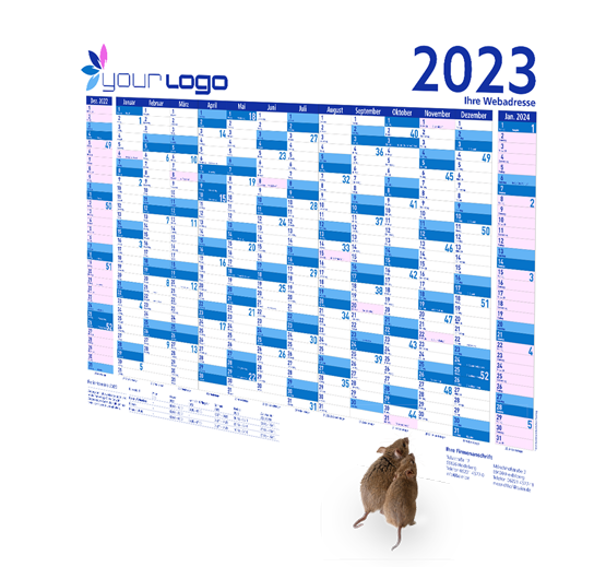 Zwei Mäuse betrachten Individueller Kalender mit Logoplatzhalter, Platzhalter-Webadresse und Firmenanschrift