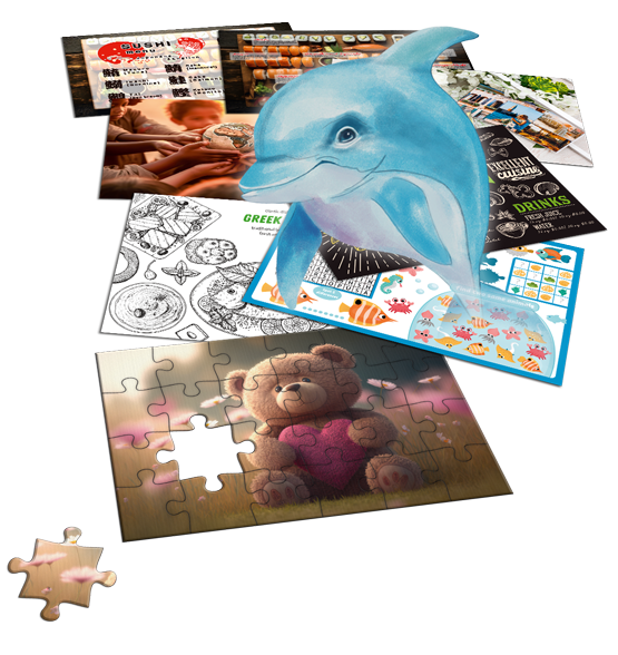 Verscshiedene Tischset-Motive wie z.B. Speisekarten für Restaurants, Fotocollagen für Hochzeiten, Ausmal- und Rätselvorlagen für Kinder, Charity-Motive oder auch als Puzzle