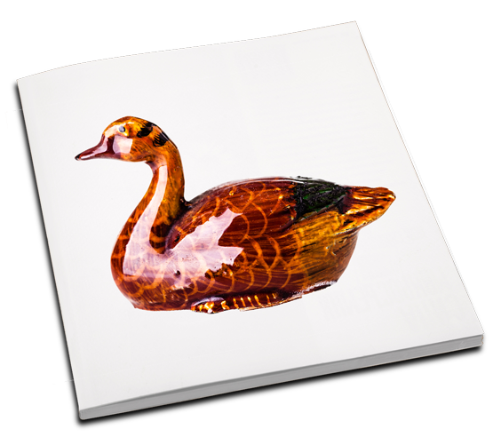 Buch mit lackiertem Buchcover - zu sehen ist eine glänzende Keramik-Ente