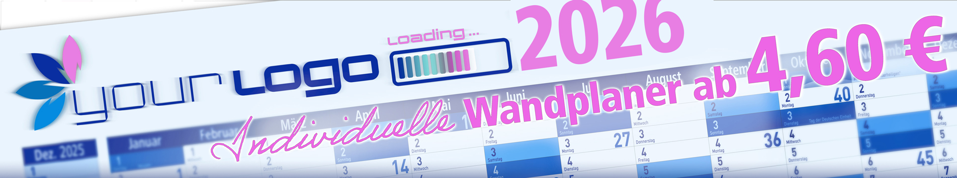 Individueller Wandkalender für 2026 mit eigenem Logo und Ihren Firmenfarben